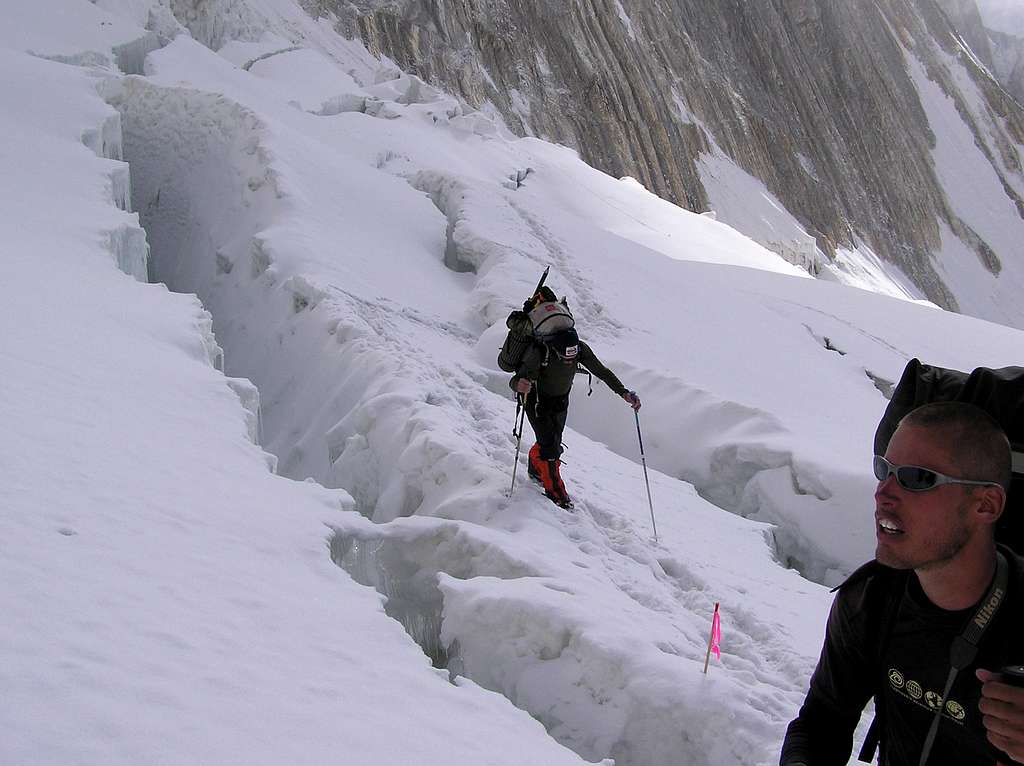 Big crevasses on Khan Tengri's lower slopes