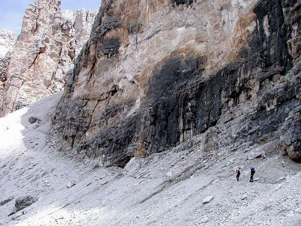 Hikers traversing the base of...