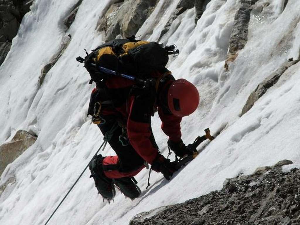 Climbing the icy couloir of...