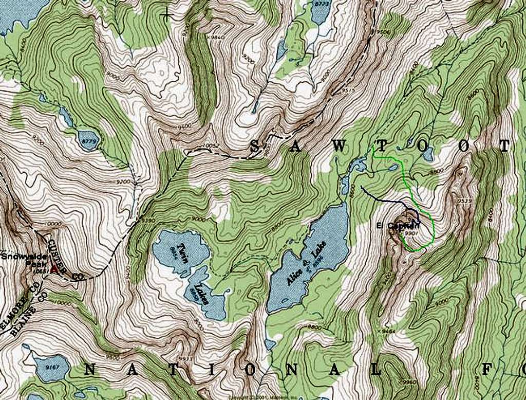 Topo map with routes drawn-...