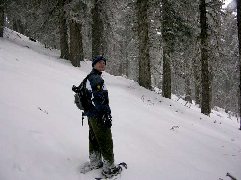 Brett snowshoeing his way to...