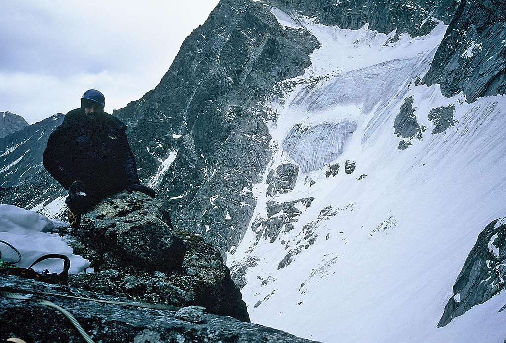 BJN Cosmin on top of tower, glacier behind