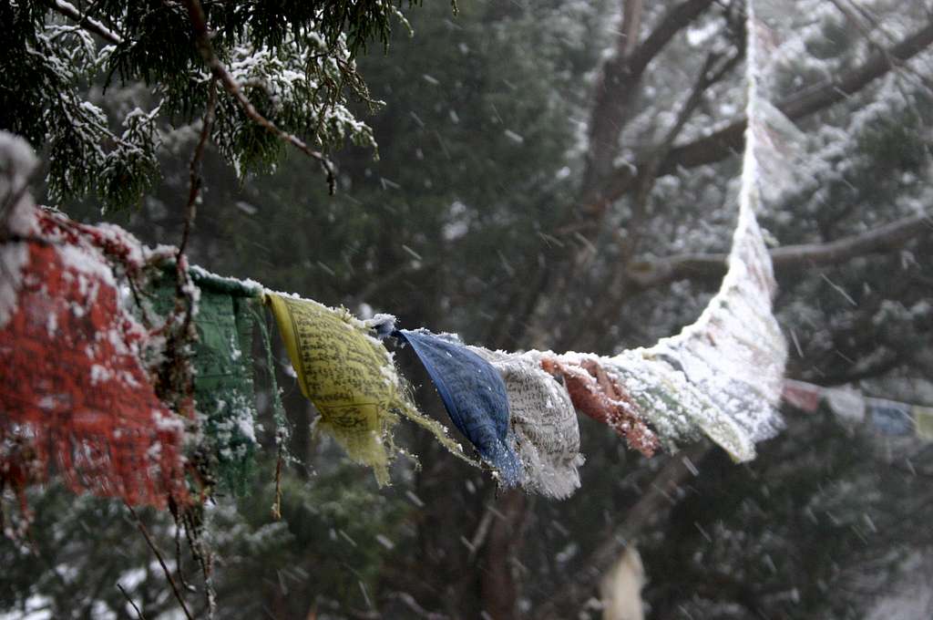 Snowy prayer-flags in Tengboche