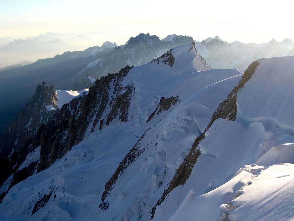 Mont Blanc du Tacul(center),Aig. du Midi(left),Grandess Jorasses in the background.Descent on Monte Bianco.7/2005