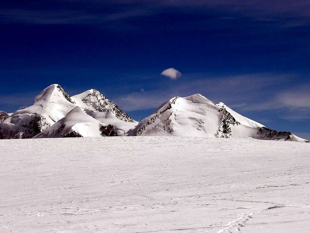 Lyskamm and Castor seen from Colle del Breithorn.March 2006