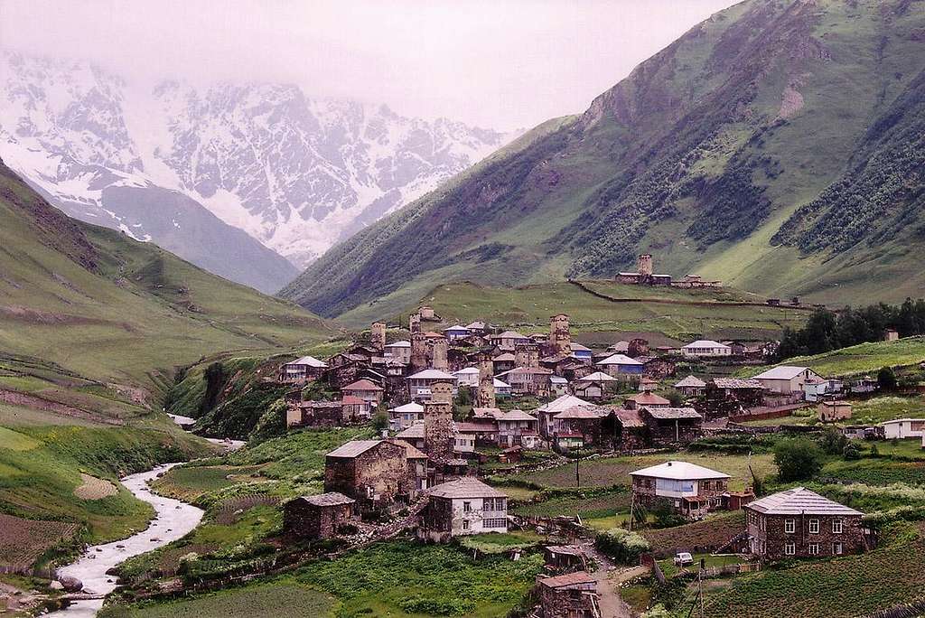 Ushguli village, Svaneti. Shkhara rises in the background