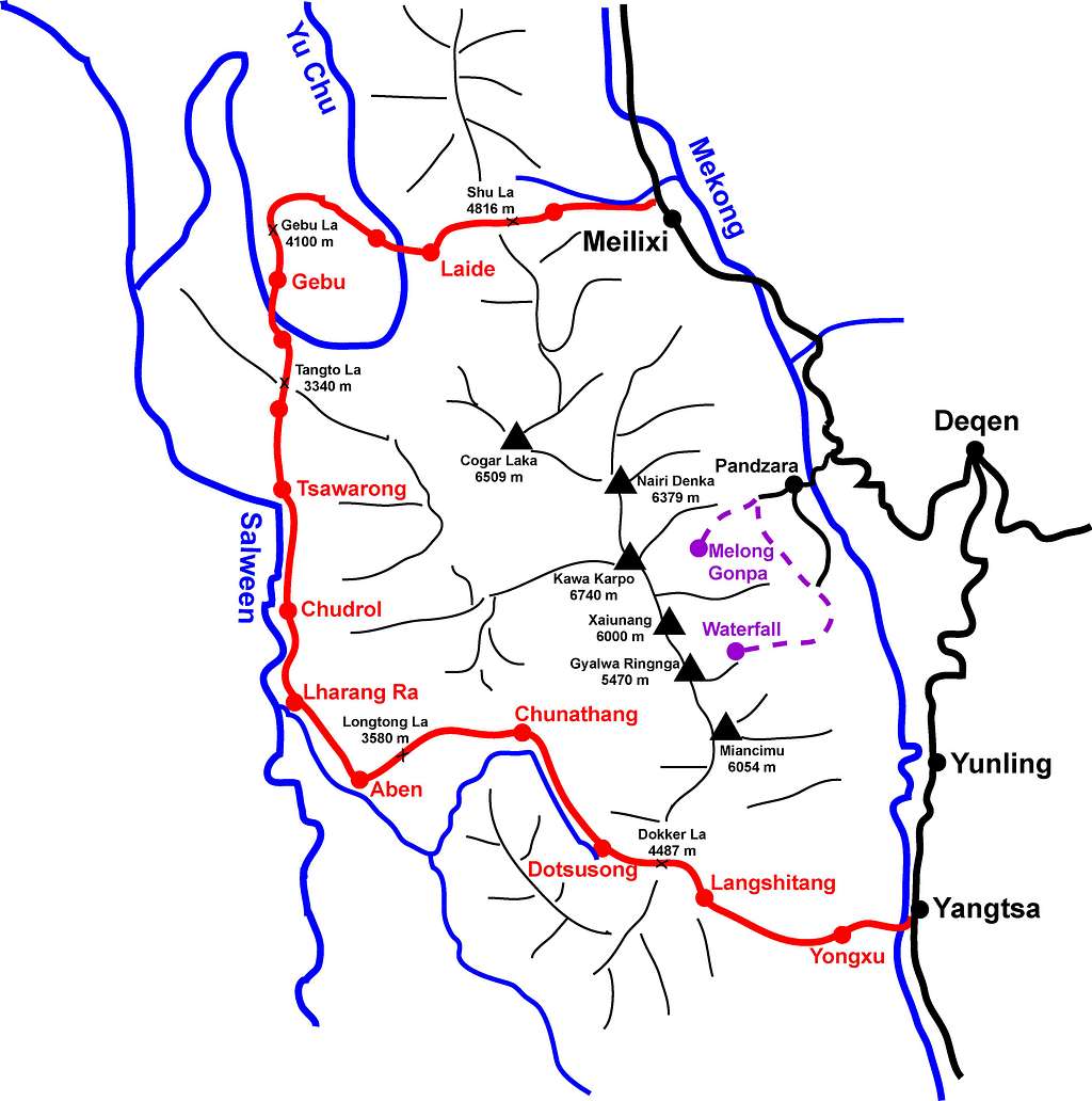 Schematic map of trek around Meilixueshan