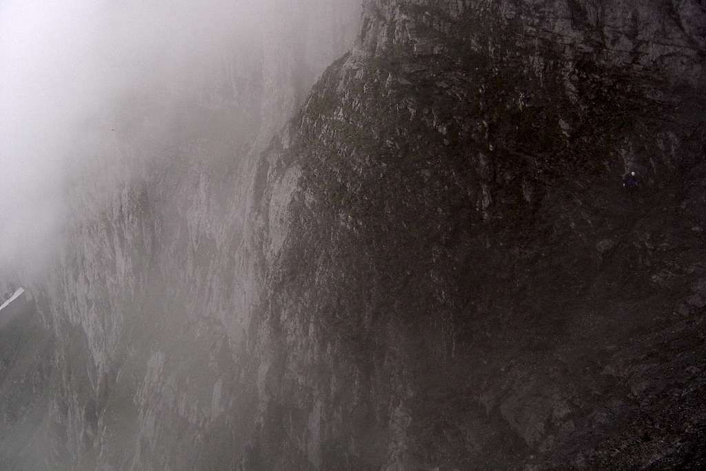 A cliff in the mist. Spot Nigel!