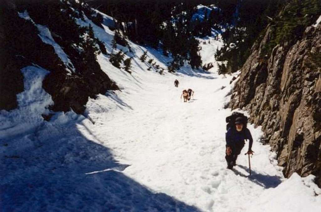 Shirley slogging up the snow...