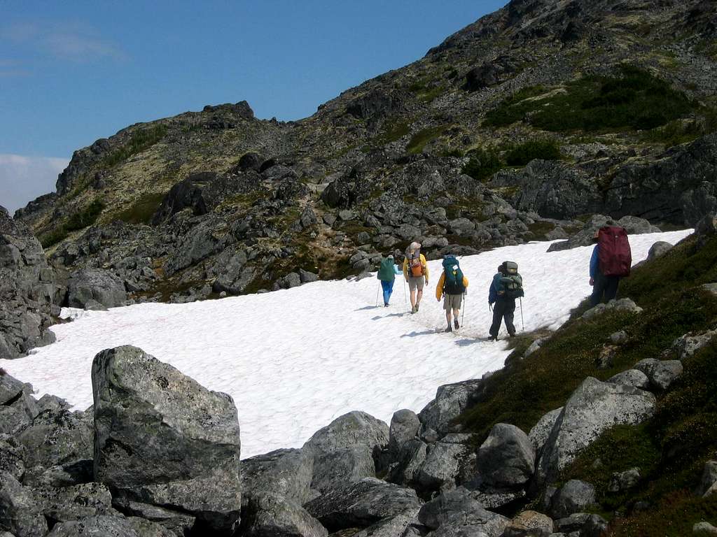 Crossing snowfield on the Chilkoot Trail