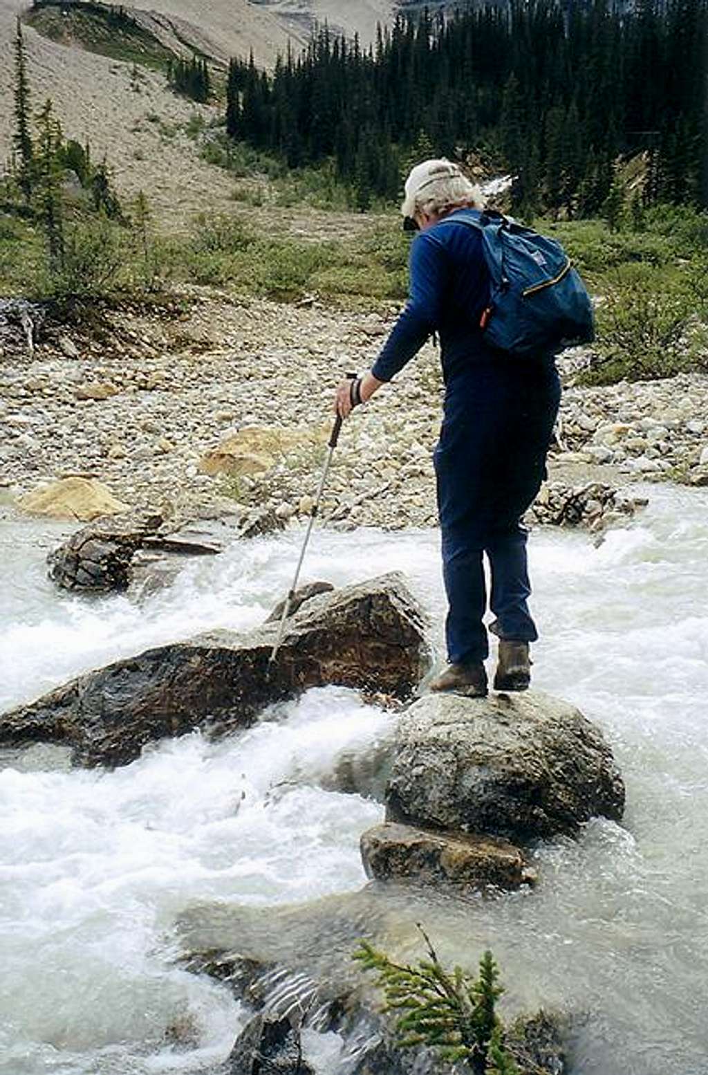 Fording the Little Yoho River on the way to Kiwetinok Pass, Yoho Valley