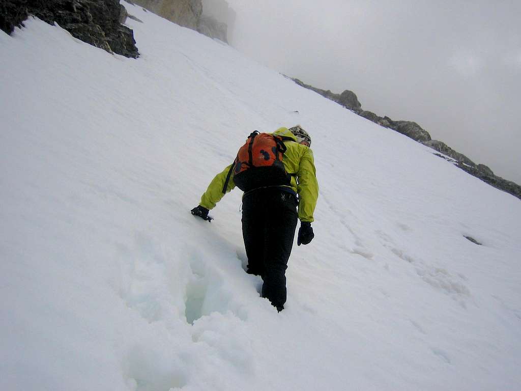 Snow climbing near the top of the SW Face