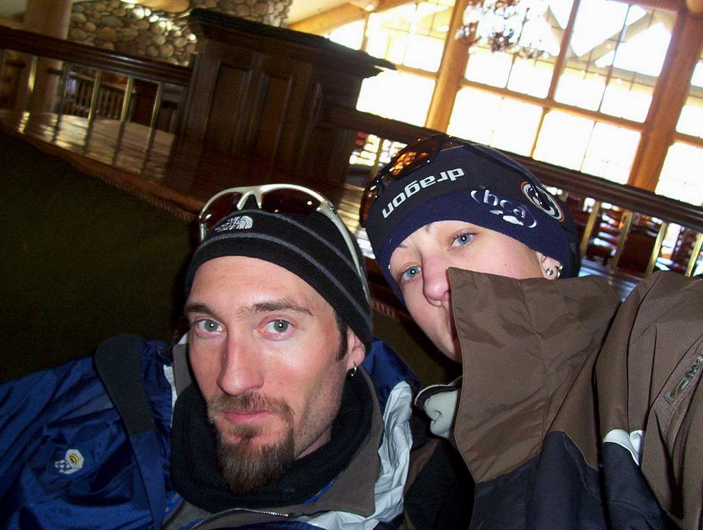 John and I, taking a break from teaching me to snowboard three years ago.