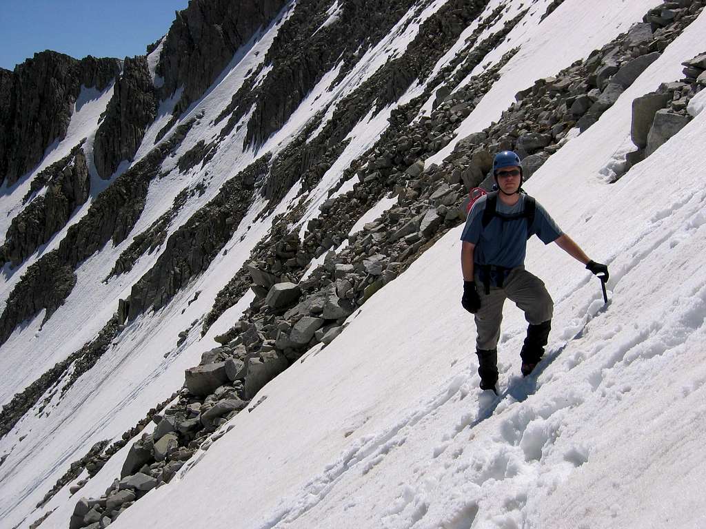 Descending the Maybird headwall.