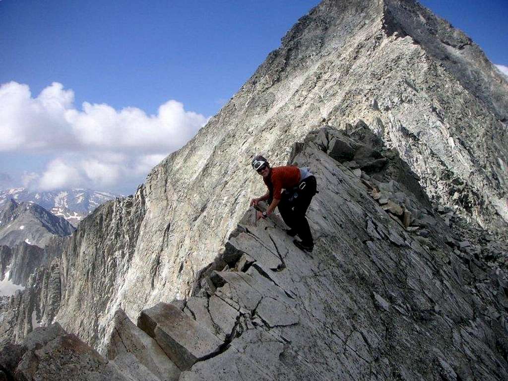 Me traversing back across the Knife-Edge on our descent of Capitol Peak, July 23, 2006.