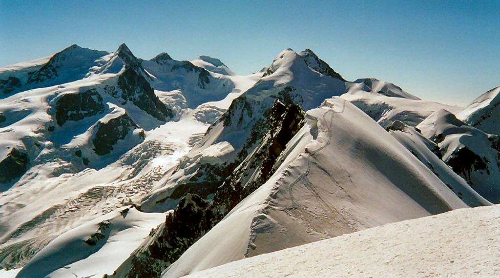 Ten some 4000m peaks can be seen looking east from the summit of Breithorn.
