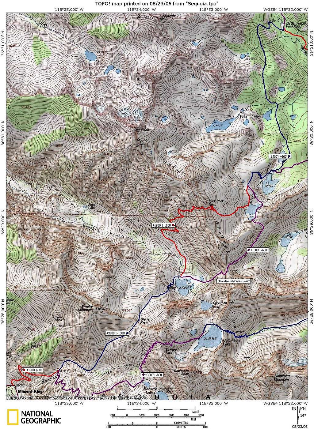 Black Kaweah approach map from Mineral King
