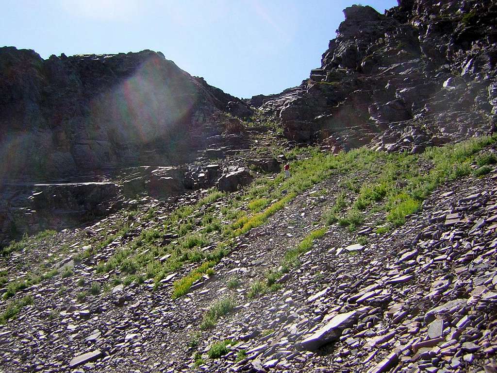 Descending steep scree-filled slope into Blanche Fork West