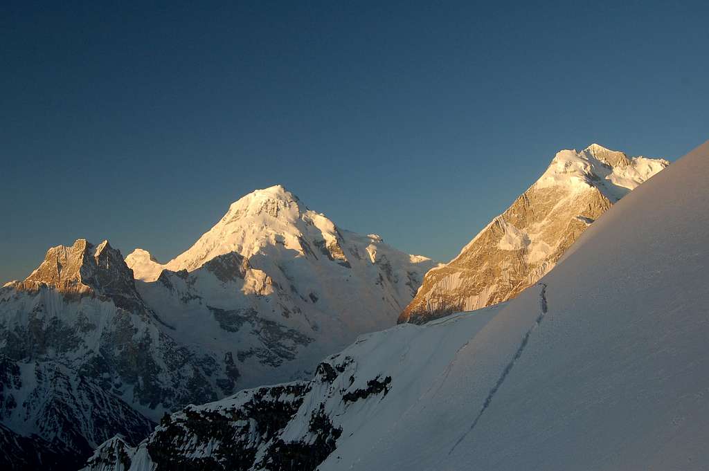 Sunrise over peak above the Yukshin Gardan Glacier