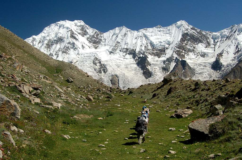 Porters trekking through the many meadows between the Pumari Chhish and Jutmo Glaciers