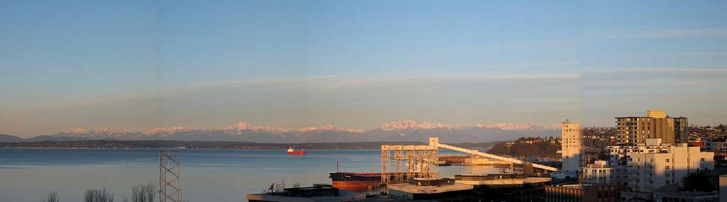 The eastern front of the Olympics as viewed from Seattle in early morning