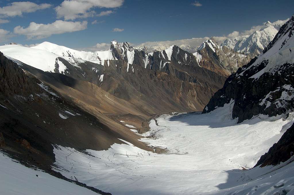 View north from the col at 5100m to the subsidary glacier leading off the Yoksugoz ice flow