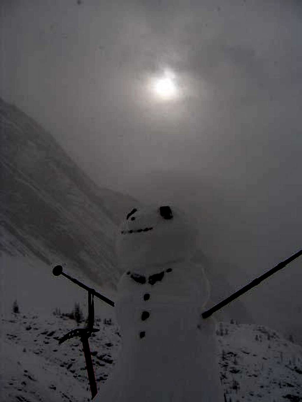 Snowman just above the lake