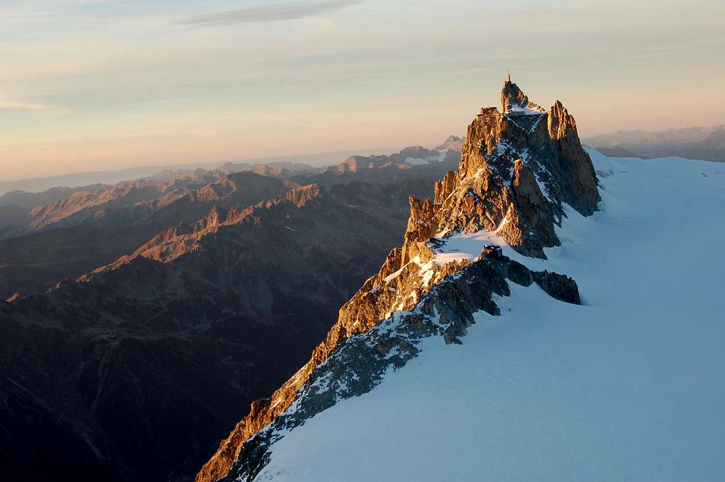 The Aiguille du Midi from on top of the Tacul Triangle before sunset