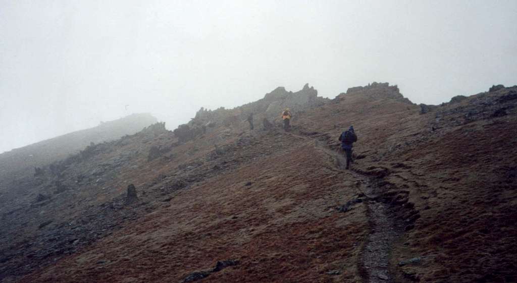 Battling against the wing near the summit of Yr Elen