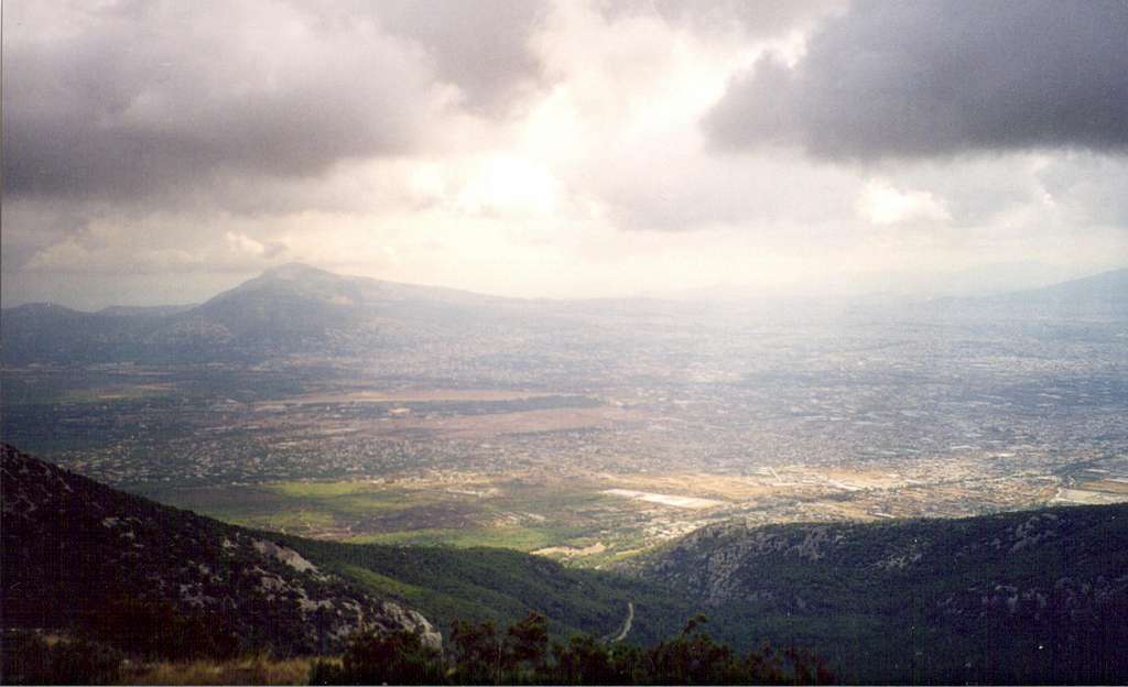 View from Kyra peak to Athens northern suburbs.Mt Penteli(1107m) in the left middle