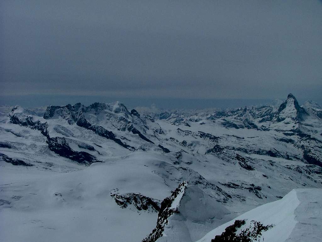Breithorn traverse (left) and Matterhorn (right) on a cold day from Strahlhorn summit