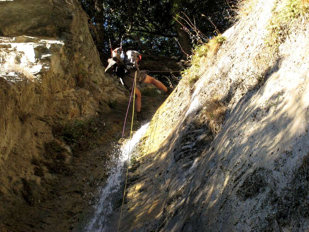 Starting Rappel Down Waterfall in Allison Gulch, San Gabriel Mountains