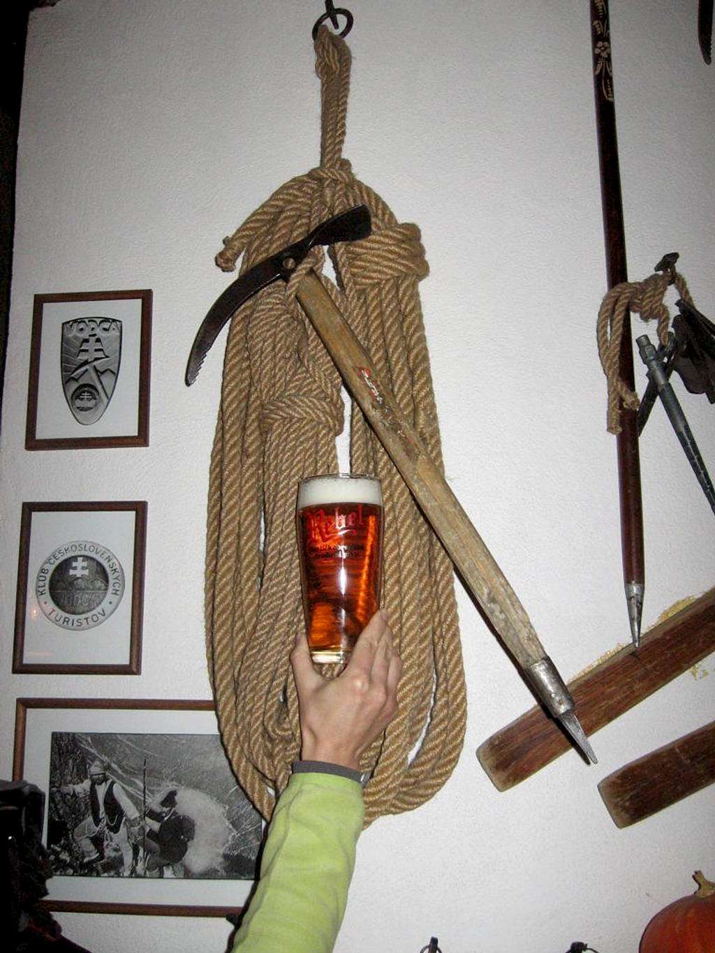 Ancient mountaineering equipment and Rebel beer