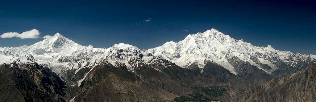 Diran (left, 7266m) and Rakaposhi (right, 7788m) rising above the Hunza Valley