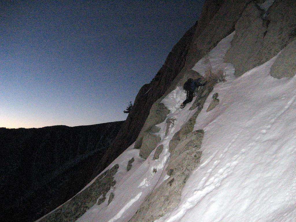 Charles at a belay on the lower part of the Winter Chimney