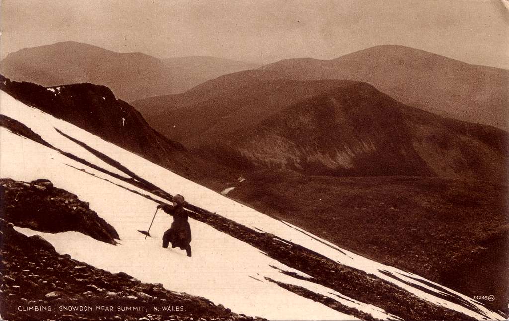 Mountaineer near the summit of Snowdon circa 1930