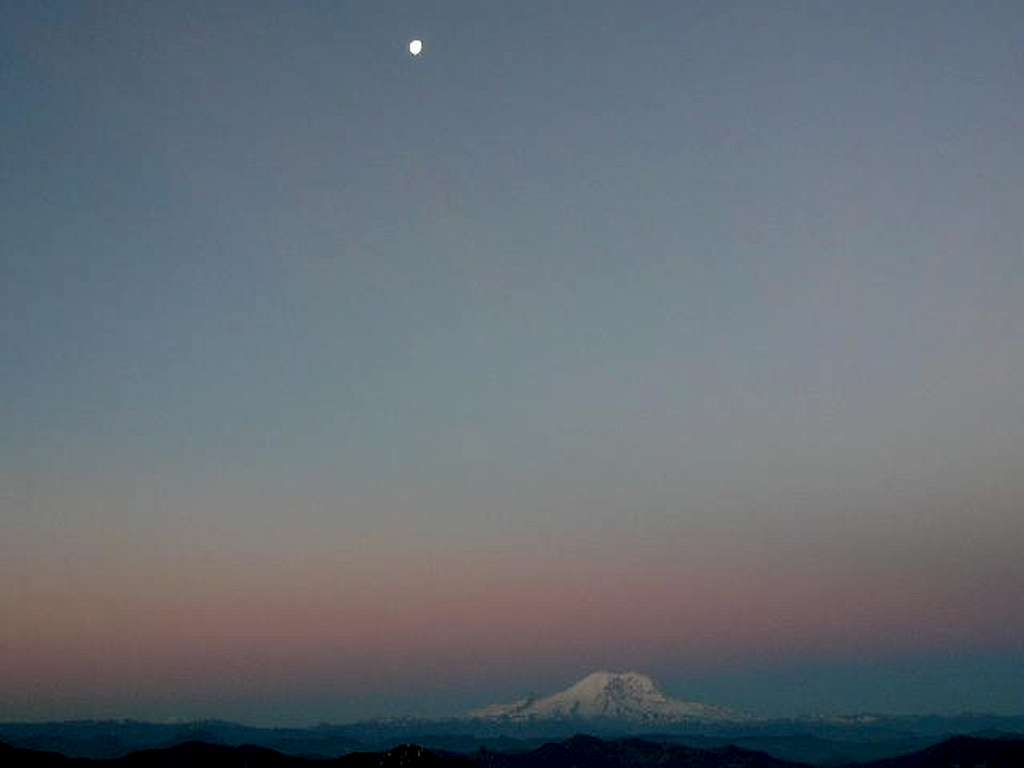Mt. Rainier with the moon at twilight