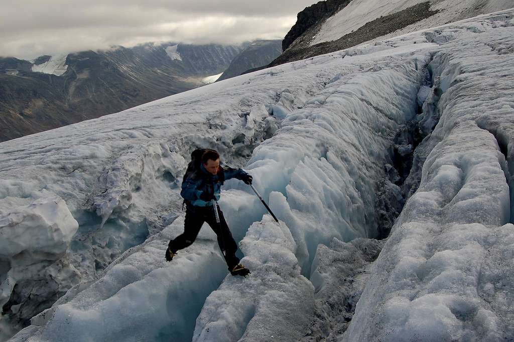 Jumping crevasses on the Svellnosbrean Glacier