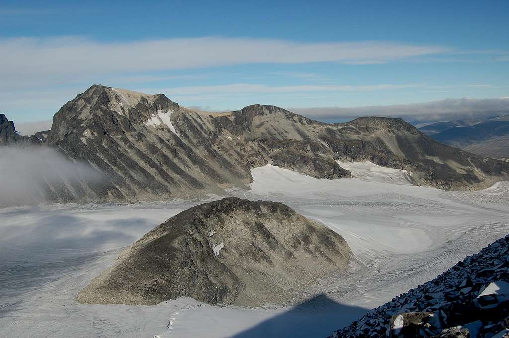 View North towards Galdhøpiggen across the Svellnosbrean Glacier