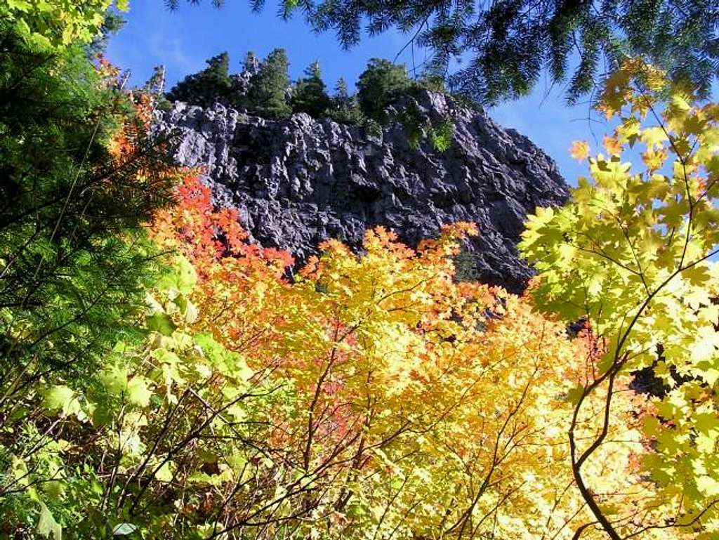 Fall vine maples and crag on...