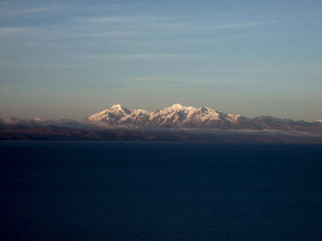 Illampu (left) and Ancohuma (right) from the Isla del Sol on Lake Titicaca