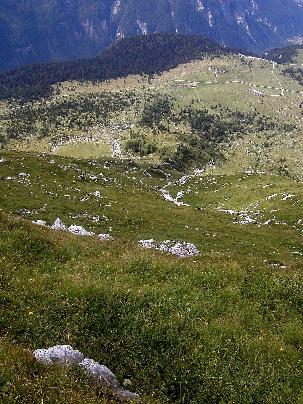View down to the meadow Pecol, 1502m, from the south slopes.