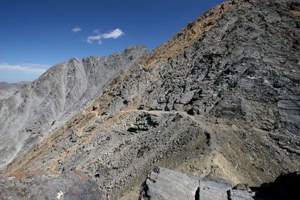 View of Borah Peak from the top of the down climb-the crux of the Chicken-out Ridge Route.