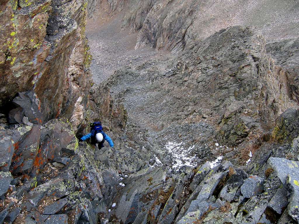 Looking down 4th class crux of Ice Mtn