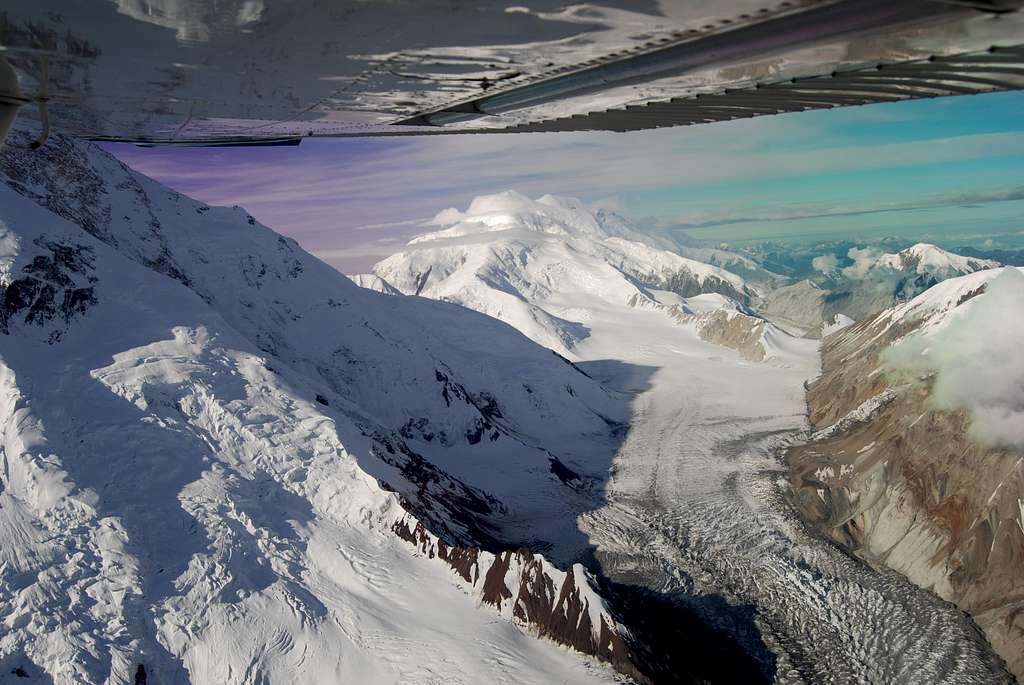 Glacier below the Wickersham Wall of Mount McKinley (Denali), and Mount Foraker, in the Alaska Range