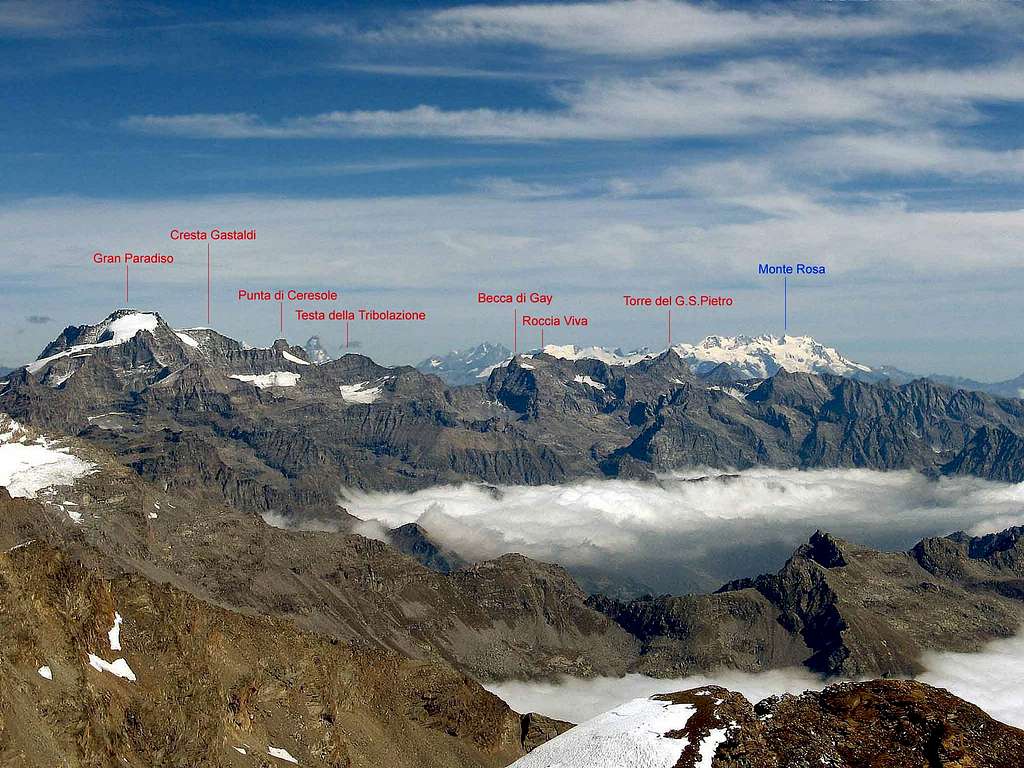 Panoramic view to the south side of WE main ridge of Gran Paradiso group.Photo taken from the summit of Uja di Ciamarella.