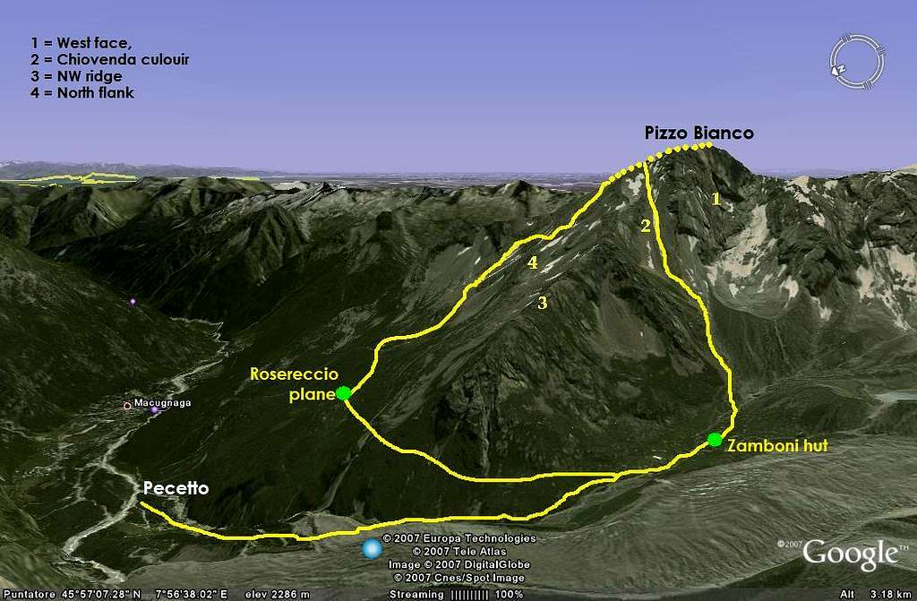 Pizzo Bianco, NW view, routes map.