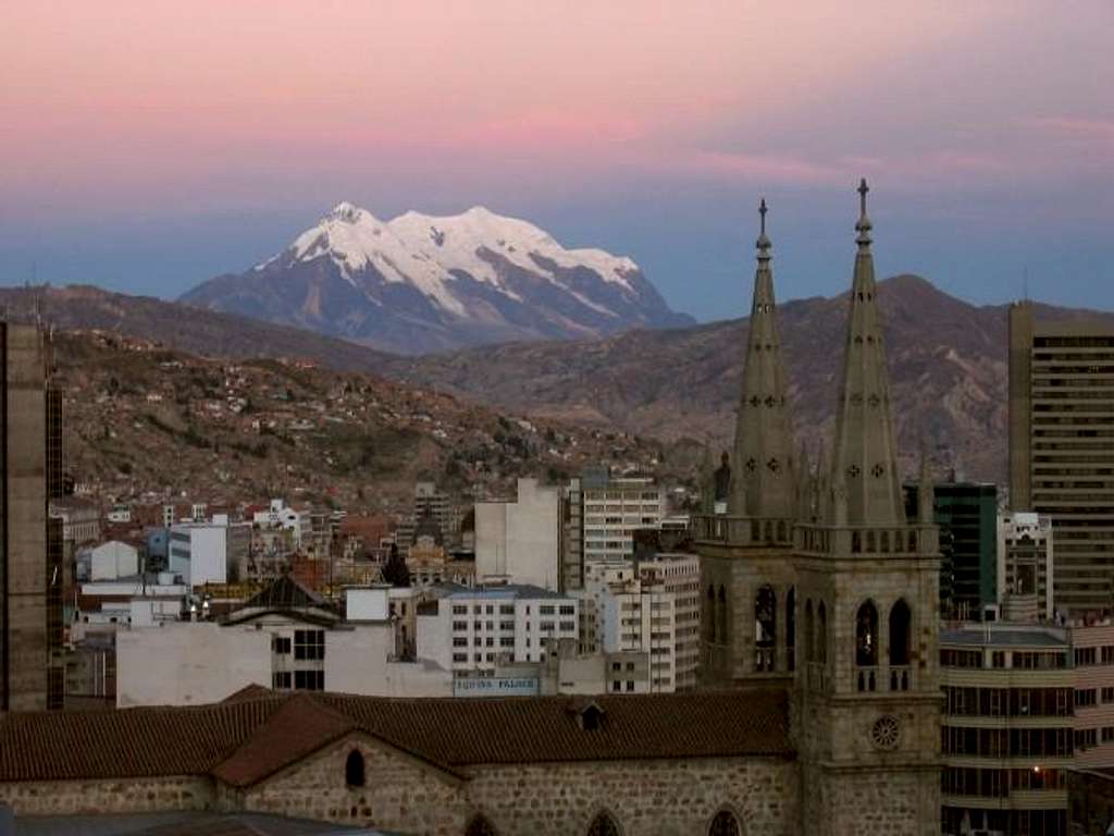 Illimani from downtown La Paz