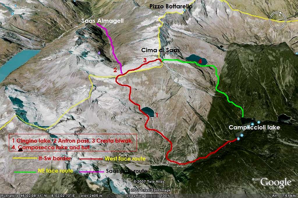 Cima Di Saas(Latelhorn). Routes map.