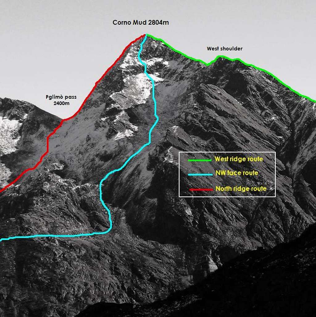 Corno Mud, NW face route map.